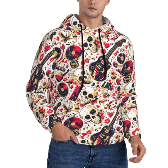 KLL Guitar Skull rock Print Mens Hoodie Long Sleeve Casual Pullover Hooded Sweatshirt Fashion Drawstring Hoodies with Pocket-X-Large