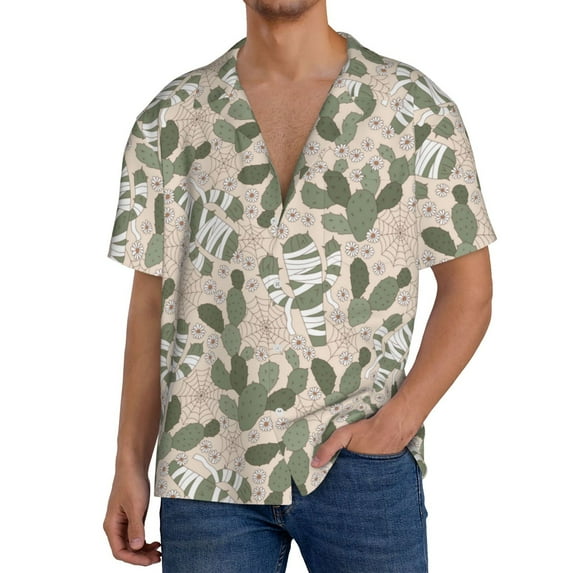 KLL Halloween Cactus Print Men's Shirt Short Sleeve Button Down Summer Cuba Beach Shirts- 3X-Large