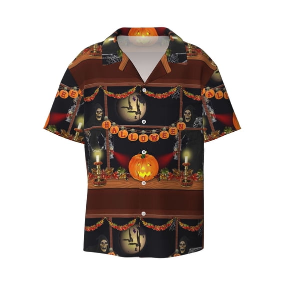 KLL Halloween Decoration Print Men's Shirt Short Sleeve Button Down Summer Cuba Beach Shirts- Medium