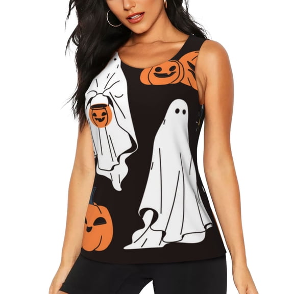 KLL Halloween Ghosts And Pumpkins Print Womens Tank Top Sleeveless Workout Tops Athletic Running Shirts Yoga Gym Clothes-X-Large