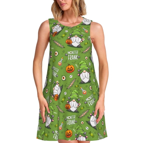 KLL Halloween Monster Gnome Pattern Womens Summer Dresses 2025,Loose Round Neck Sleeveless Sundresses Tank Dresses with Pockets