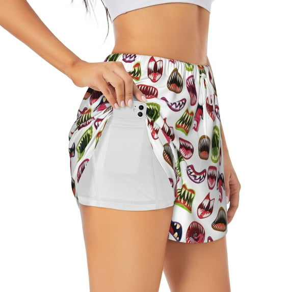 KLL Halloween Mouth Pattern Shorts Women,Athletic Shorts High Waisted Running Shorts Pocket Sporty Short Gym Elastic Workout Shorts-X-Large