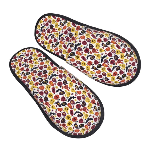 KLL Halloween Pumpkin Slippers for Women Men House Slip on Indoor Outdoor Bedroom Furry Fleece Lined Ladies Comfy Anti-Skid Rubber Hard Sole-Medium