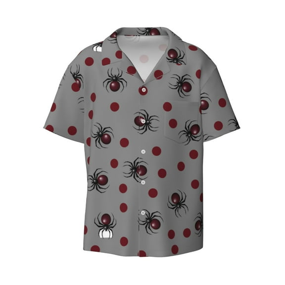 KLL Halloween Spider Print Men's Shirt Short Sleeve Button Down Summer Cuba Beach Shirts- Small