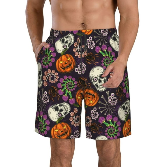 KLL Halloween With Skull Men's Casual Summer Beach Shorts Hawaiian Shorts with Pockets-3X-Large