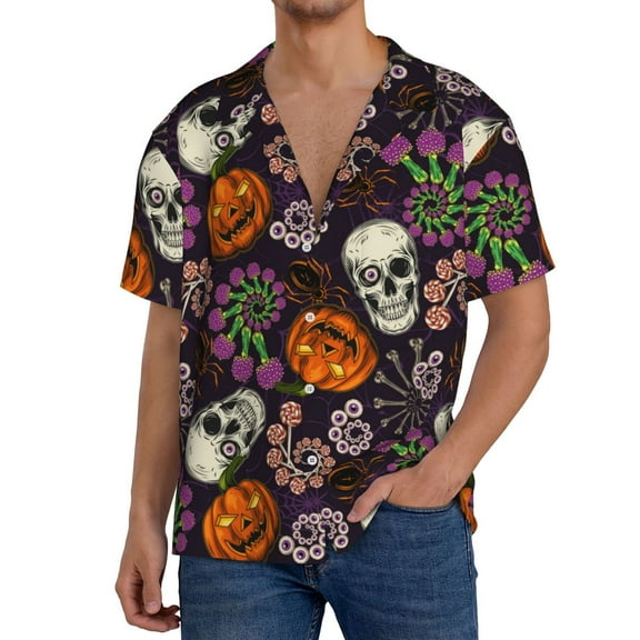 KLL Halloween With Skull Print Men's Shirt Short Sleeve Button Down Summer Cuba Beach Shirts- Medium