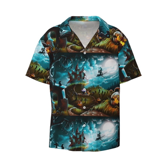 KLL Halloween night 1 Print Men's Shirt Short Sleeve Button Down Summer Cuba Beach Shirts- 4X-Large