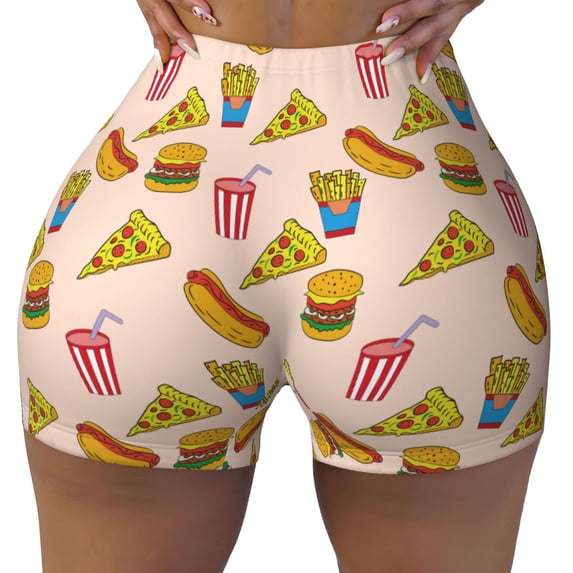 KLL Hamburger Pizza Coke Pattern Workout Shorts for Women Scrunch Short Gym Yoga Running Sport Active Exercise Fitness Shorts