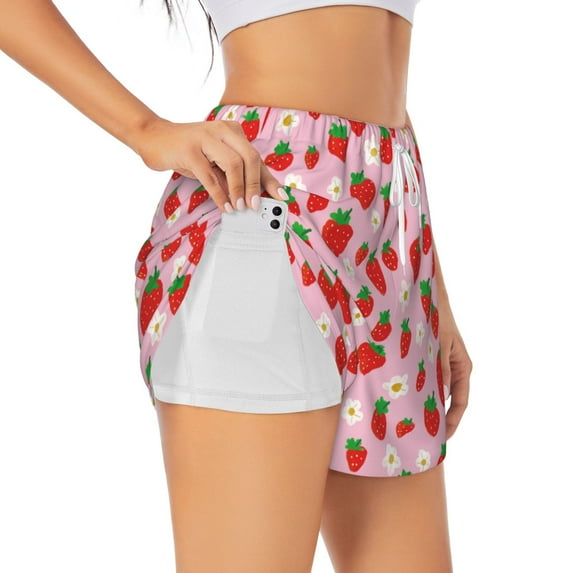 KLL Hand Drawn Strawberry Pattern Shorts Women,Athletic Shorts High Waisted Running Shorts Pocket Sporty Short Gym Elastic Workout Shorts-X-Large