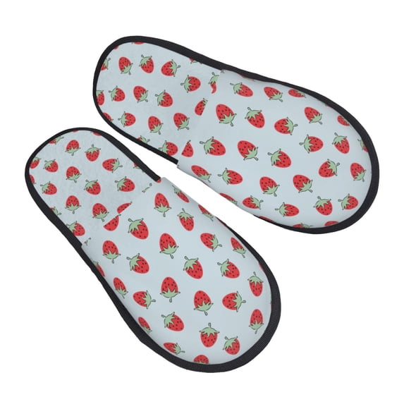 KLL Hand Drawn Strawberry Slippers for Women Men House Slip on Indoor Outdoor Bedroom Furry Fleece Lined Ladies Comfy Anti-Skid Rubber Hard Sole-Large
