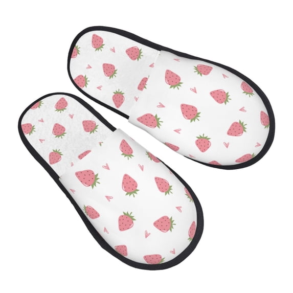 KLL Hand Drawn Strawberry Slippers for Women Men House Slip on Indoor Outdoor Bedroom Furry Fleece Lined Ladies Comfy Anti-Skid Rubber Hard Sole-Large