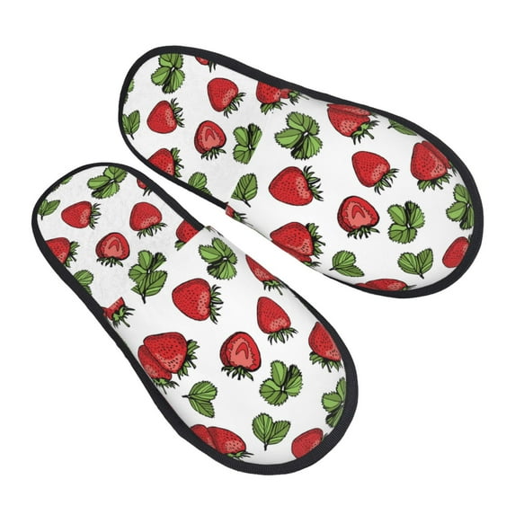 KLL Hand Drawn Strawberry Slippers for Women Men House Slip on Indoor Outdoor Bedroom Furry Fleece Lined Ladies Comfy Anti-Skid Rubber Hard Sole-Medium