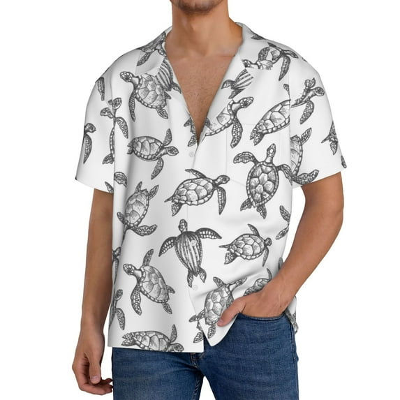 KLL Hand Drawn Turtle Print Men's Shirt Short Sleeve Button Down Summer Cuba Beach Shirts- X-Large