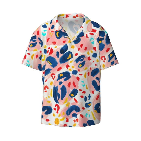 KLL Hand Painted Abstract Leopard Print Print Men's Shirt Short Sleeve Button Down Summer Cuba Beach Shirts- XX-Large