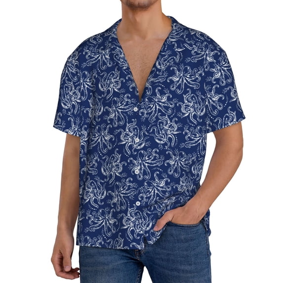 KLL Hand drawn octopus Print Men's Shirt Short Sleeve Button Down Summer Cuba Beach Shirts-XX-Large