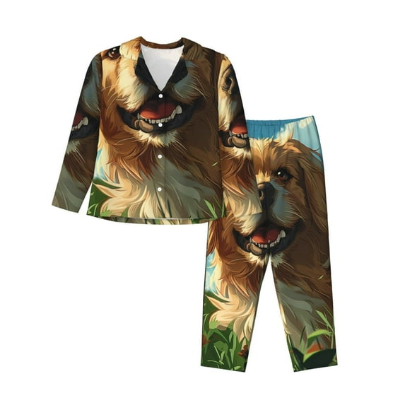KLL Happy Dog In Flower Field Print Women's Long Sleeve Pajamas with Pants Sleepwear Loungewear 2 Set-Large