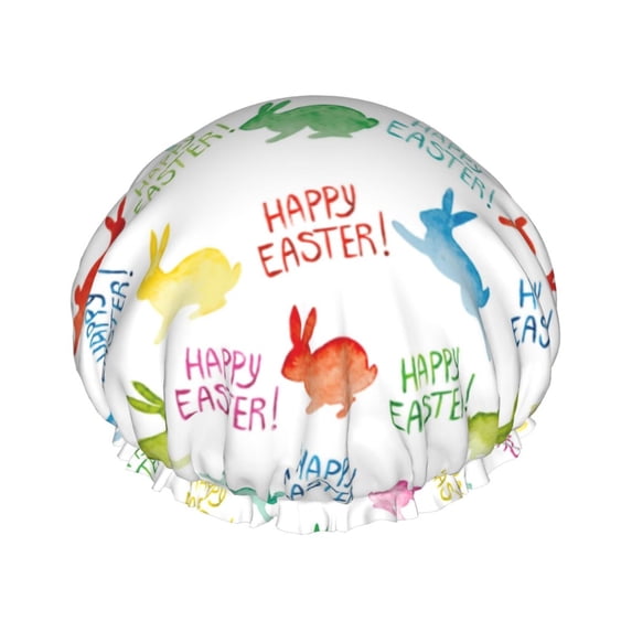 KLL Happy Easter Rabbit Pattern Shower Cap & Bath Cap for Women,Reversible Oversized Waterproof Shower Caps for all Hair Lengths,Elastic Reusable Bathing Hair Cap