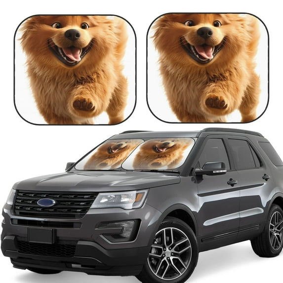 KLL Happy Fluffy Running Dog Windshield Sun Shade 2-Piece Foldable Car Front Window Sunshade for Most Sedans SUV Truck- Small