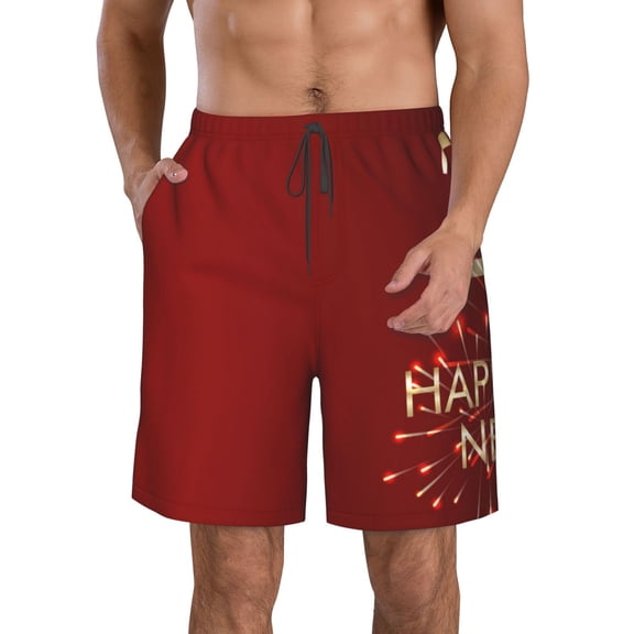 KLL Happy New Year 2025 Men's Casual Summer Beach Shorts Hawaiian Shorts with Pockets-3X-Large