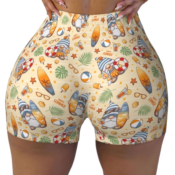 KLL Happy Summer With Gnome Pattern Workout Shorts for Women Scrunch Short Gym Yoga Running Sport Active Exercise Fitness Shorts