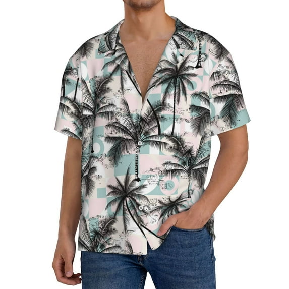 KLL Hawaii Palms Print Men's Shirt Short Sleeve Button Down Summer Cuba Beach Shirts- Medium