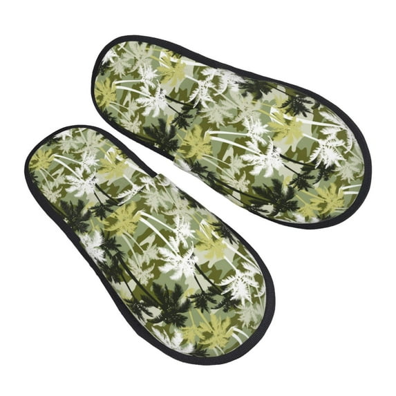 KLL Hawaii Palms Slippers for Women Men House Slip on Indoor Outdoor Bedroom Furry Fleece Lined Ladies Comfy Anti-Skid Rubber Hard Sole-Large