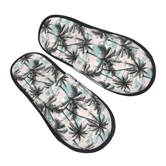 KLL Hawaii Palms Slippers for Women Men House Slip on Indoor Outdoor Bedroom Furry Fleece Lined Ladies Comfy Anti-Skid Rubber Hard Sole-Medium