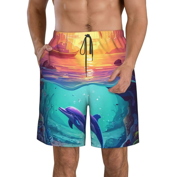 KLL Hawaiian Island Dolphin Men's Casual Summer Beach Shorts Hawaiian Shorts with Pockets-Small