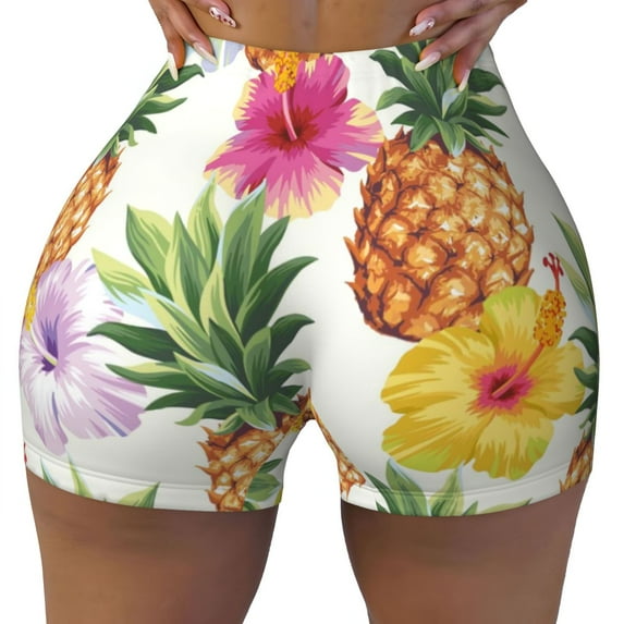 KLL Hawaiian Pineappl Pattern Workout Shorts for Women Scrunch Short Gym Yoga Running Sport Active Exercise Fitness Shorts
