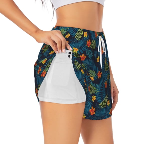 KLL Hawaiian Style Pattern Shorts Women,Athletic Shorts High Waisted Running Shorts Pocket Sporty Short Gym Elastic Workout Shorts-XX-Large