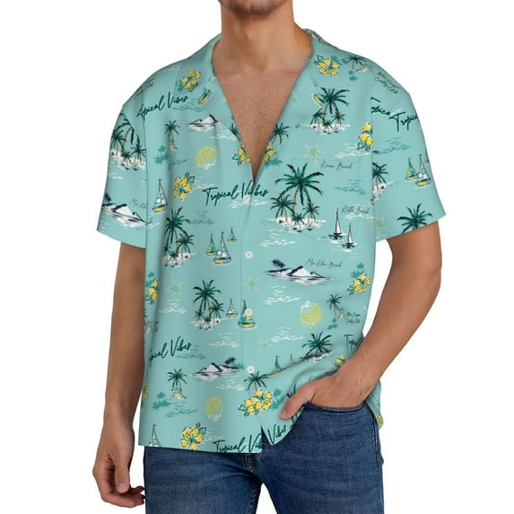 KLL Hawaiian Style Print Men's Shirt Short Sleeve Button Down Summer Cuba Beach Shirts- Medium