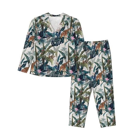 KLL Hawaiian Style Print Women's Long Sleeve Pajamas with Pants Sleepwear Loungewear 2 Set-Medium