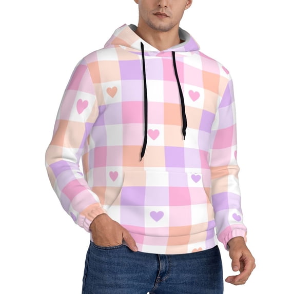 KLL Heart Buffalo Plaid Print Mens Hoodie Long Sleeve Casual Pullover Hooded Sweatshirt Fashion Drawstring Hoodies with Pocket-4X-Large