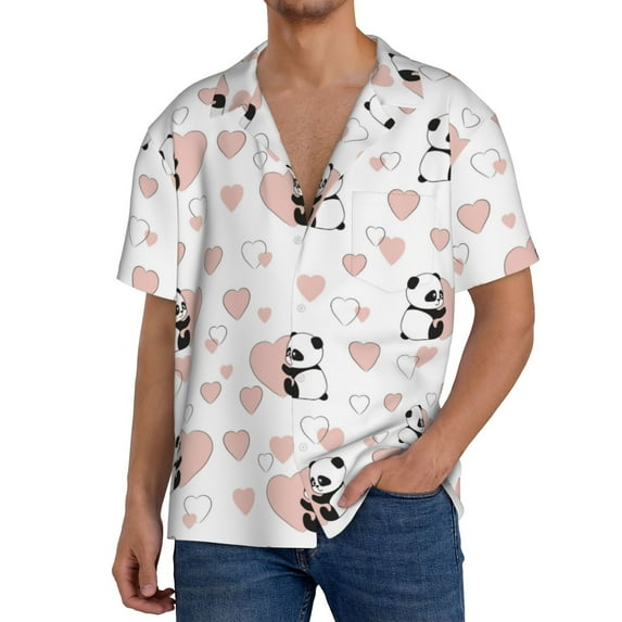 KLL Heart Panda Print Men's Shirt Short Sleeve Button Down Summer Cuba Beach Shirts- Medium