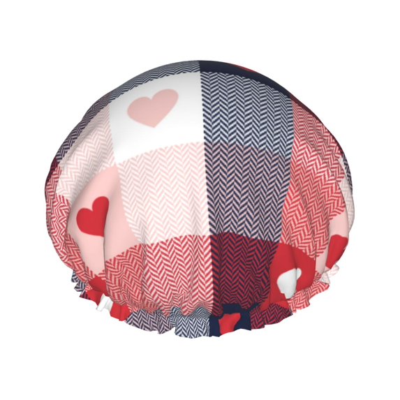 KLL Heart Plaid Pattern Shower Cap & Bath Cap for Women,Reversible Oversized Waterproof Shower Caps for all Hair Lengths,Elastic Reusable Bathing Hair Cap