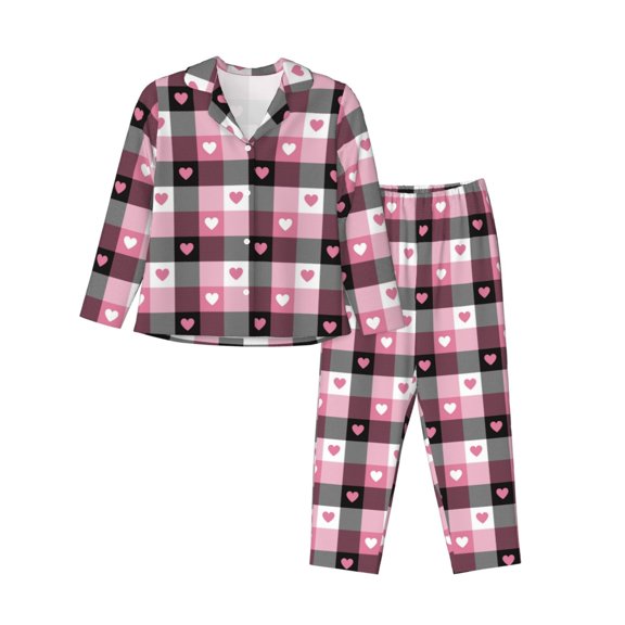 KLL Heart Plaid Print Women's Long Sleeve Pajamas with Pants Sleepwear Loungewear 2 Set-Medium