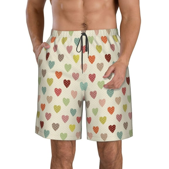 KLL Heart Polka Dot Men's Casual Summer Beach Shorts Hawaiian Shorts with Pockets-Large