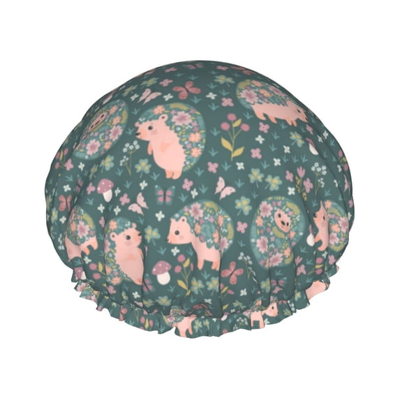 KLL Hedgehogs and Flowers Pattern Shower Cap & Bath Cap for Women,Reversible Oversized Waterproof Shower Caps for all Hair Lengths,Elastic Reusable Bathing Hair Cap