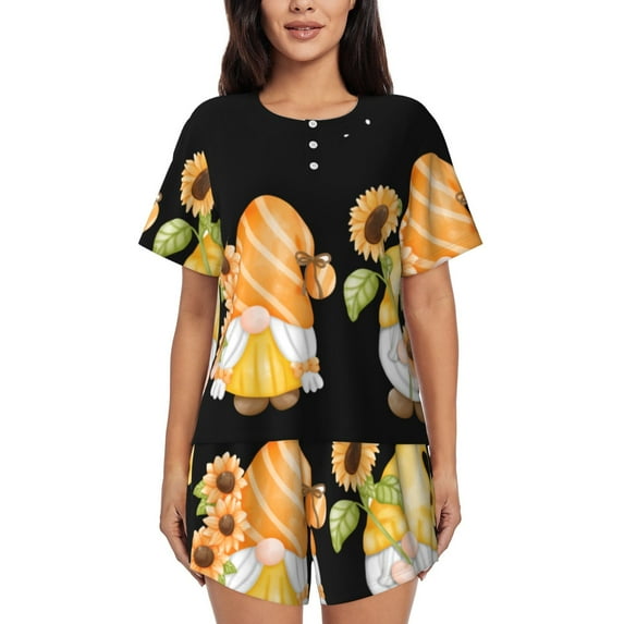 KLL Hello Spring Sunflower Gnomes Print Pajama Set for Women Short Sleeve Sleepwear Pjs Soft 2 Piece Lounge Sleepwear Sets-4X-Large