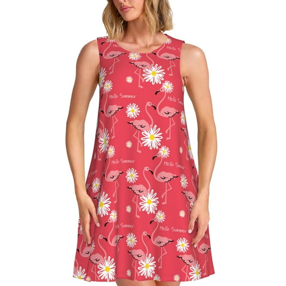 KLL Hello Summer Flamingo Pattern Womens Summer Dresses 2025,Loose Round Neck Sleeveless Sundresses Tank Dresses with Pockets