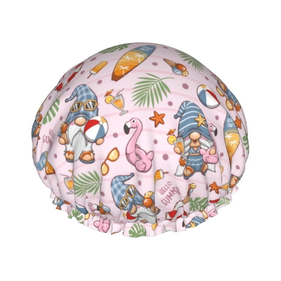 KLL Hello Summer With Gnome Pattern Shower Cap & Bath Cap for Women,Reversible Oversized Waterproof Shower Caps for all Hair Lengths,Elastic Reusable Bathing Hair Cap