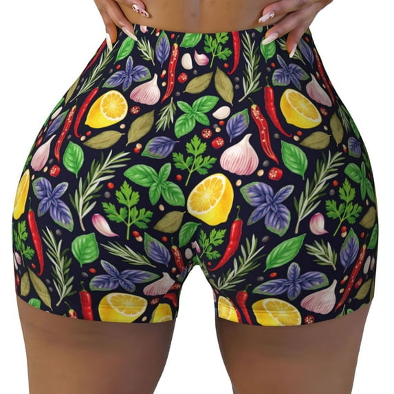 KLL Herbs And Spices Pattern Workout Shorts for Women Scrunch Short Gym Yoga Running Sport Active Exercise Fitness Shorts