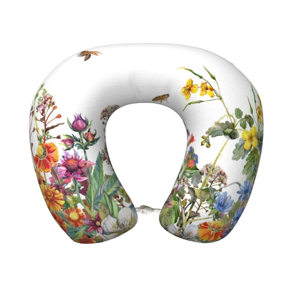 KLL Herbs and Wildflowers Pattern Memory Foam Cervical Neck Pillow Versatile U-Shaped Pillows for Home/Office/Camping/Travelling/Soft Washable Cover