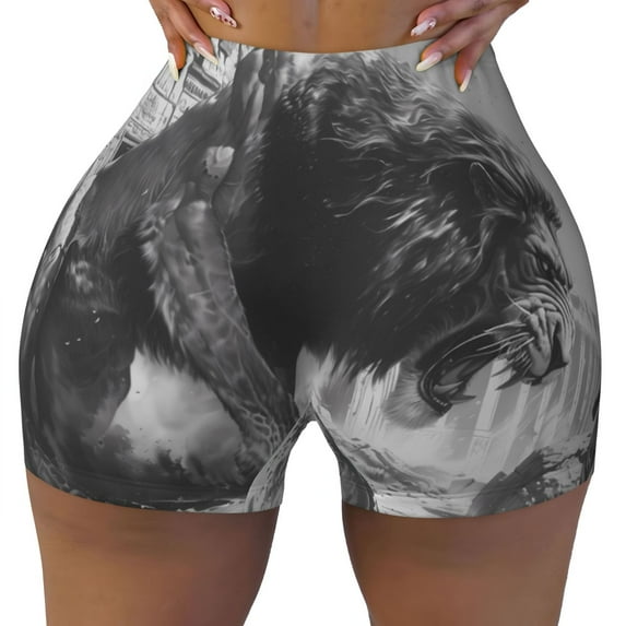 KLL Heroic Lion Encounter Pattern Workout Shorts for Women Scrunch Short Gym Yoga Running Sport Active Exercise Fitness Shorts