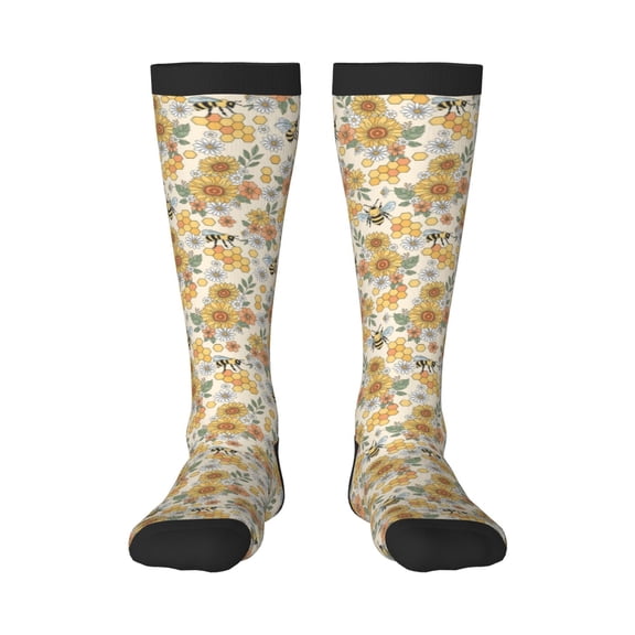 KLL Hippie Bee Honeycomb Print Cool Socks Men's Women's Crew Socks Funny Crazy Novelty Stockings