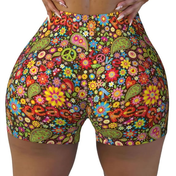 KLL Hippie Peace Love Pattern Workout Shorts for Women Scrunch Short Gym Yoga Running Sport Active Exercise Fitness Shorts