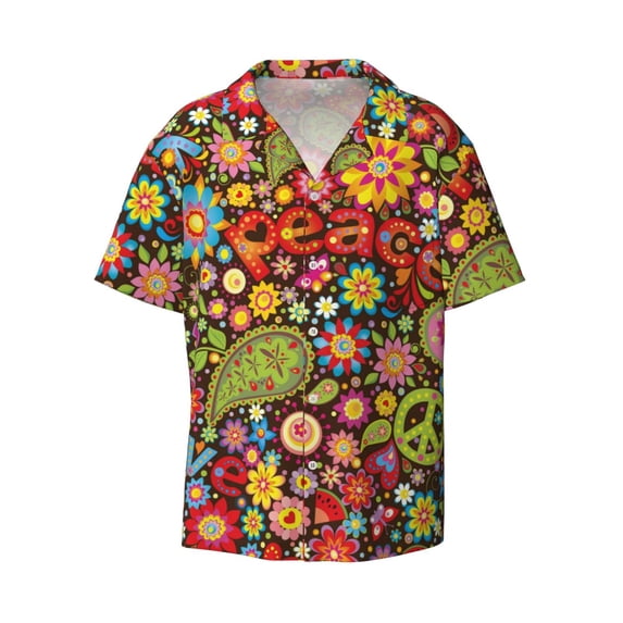 KLL Hippie Peace Love Print Men's Shirt Short Sleeve Button Down Summer Cuba Beach Shirts- Large