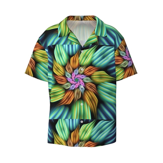 KLL Hippie Style Print Men's Shirt Short Sleeve Button Down Summer Cuba Beach Shirts- Medium