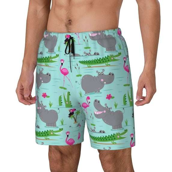 KLL Hippo With Flamingos And Crocodiles for Mens Swim Trunks Quick Dry Swim Shorts with Built-in Compression Liner Funny Swimwear Bathing Suits-Medium