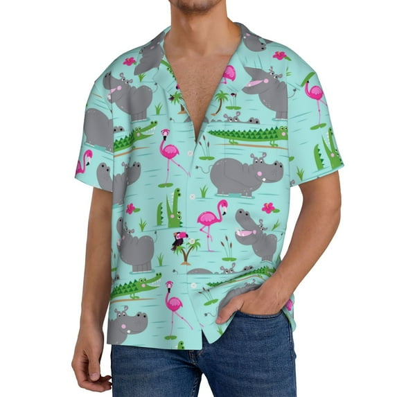 KLL Hippo With Flamingos And Crocodiles Print Men's Shirt Short Sleeve Button Down Summer Cuba Beach Shirts- Large